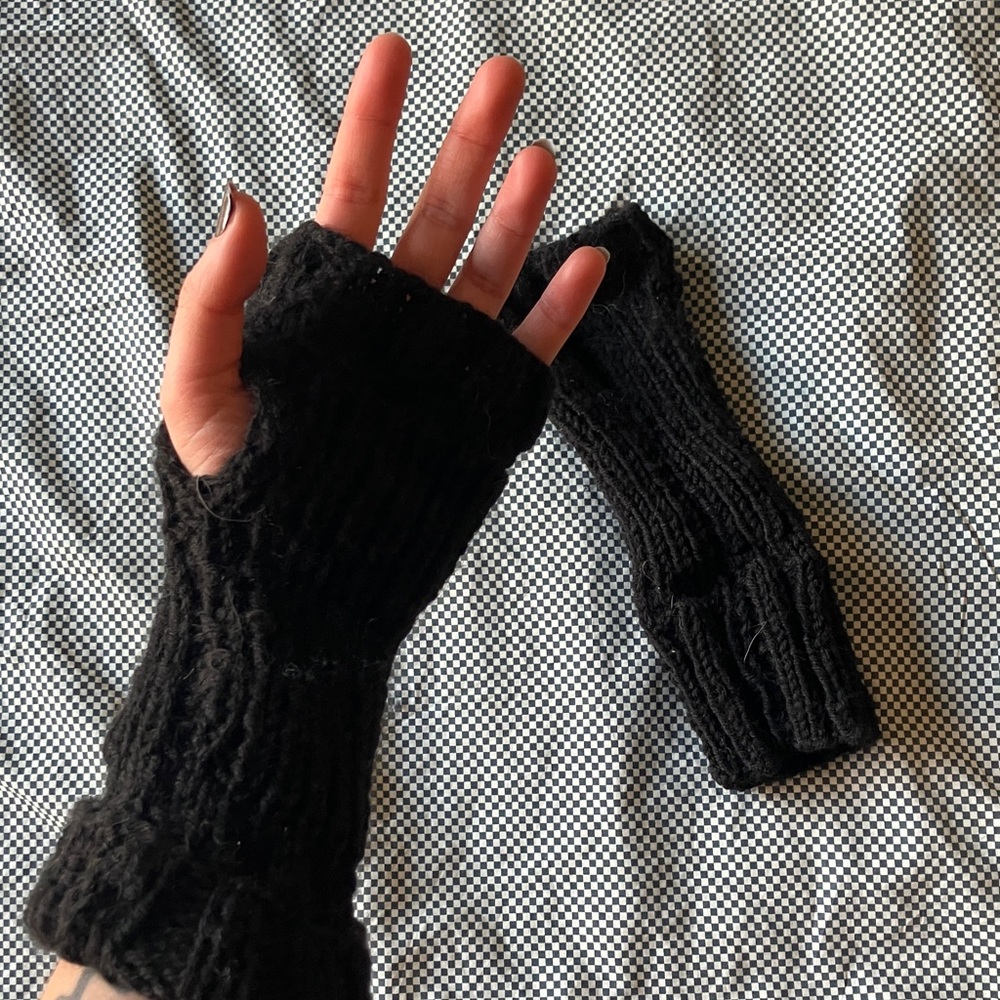 Hand Knit Fingerless Gloves in Black Handmade Small/Medium